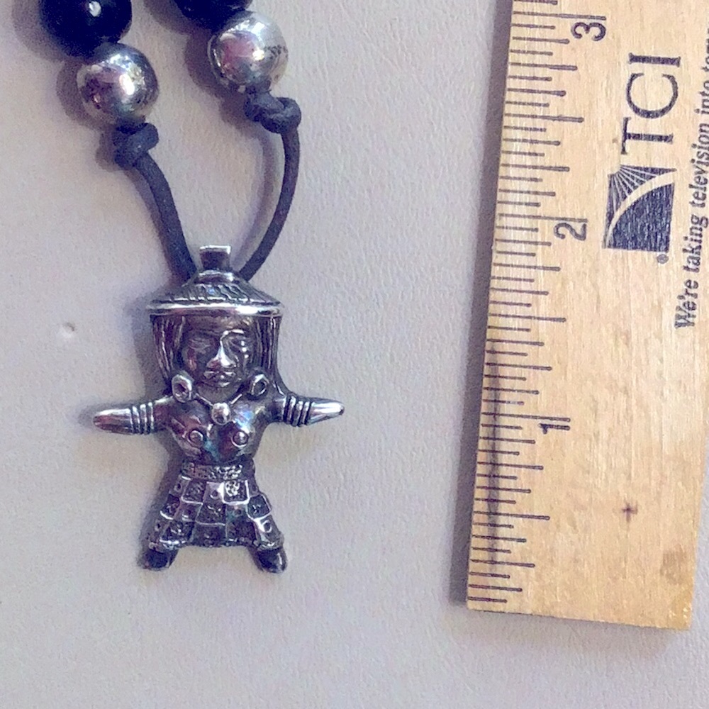 Mexican Silver and Onyx Bead Necklace with Silver Figurine - Picture 2 of 4